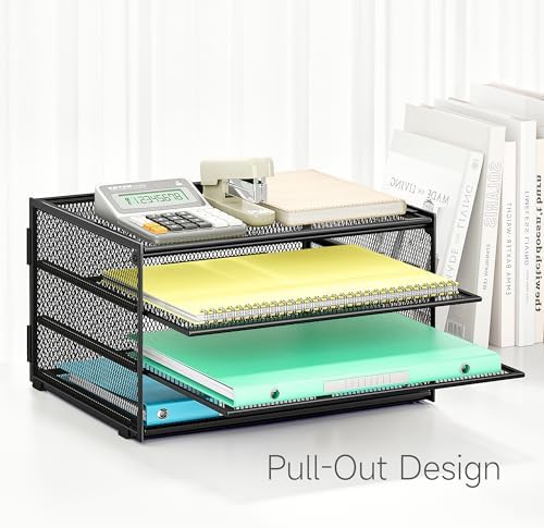 Lavatino 3-Tier Letter Tray Desk Paper Organizer – Black Mesh Metal File Tray Organizer for Desk, Office Supplies & Home Organization | Fits A4/Letter Paper, Mail, Magazines and Office Accessories