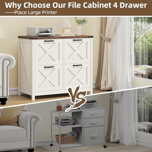 Halitaa Farmhouse Lateral File Cabinet with 4 Drawers, White and Brown