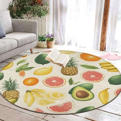 Home Decor Non Slip Kitchen Office Circle Rug, Machine Washable Modern Round Area Rug, Room Sofa Yoga Soft Round Carpet Avocado Nut Banana Pineapple Orange, 36inch