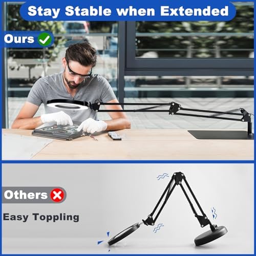 15X Magnifying Glass with Light and Stand, 2-in-1 Lighted Magnifying Desk Lamp Dimmable Magnifier Lamp with Light and Clamp Long Arm 84PCS LED Beads Real Glass Lens for Work Close Work Hobby
