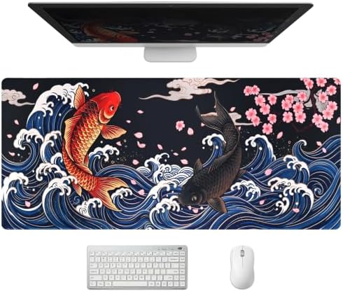 Extended Koi Fish Desk Mat, XXL Large Gaming Mouse Pad, Japanese Great Wave Sakura Stitched Edges Waterproof with Non-Slip Rubber Base for Computer Keyboard Laptop Work Home Office 35.4"x15.7"