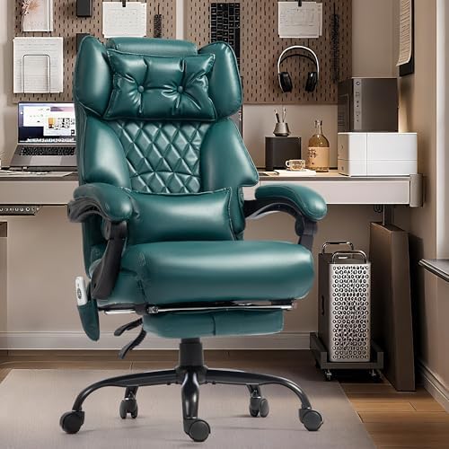 Massage Office Chair with Foot Rest,6 Points Vibration&Heat Executive Office Chairs,Big and Tall Office Chair 500LBS,Ergonomic Desk Chair for Heavy People,Home and Office Computer Chair,Green PU