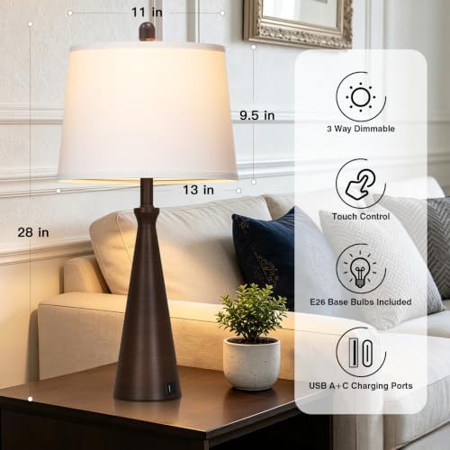 Rinweey 28" Modern Metal Table Lamp Set of 2 for Living Room Bedroom, Brown