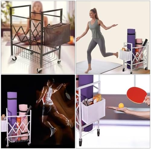 Home Gym Studio Organizer Cart, Movable Yoga Mat Storage Rack for Foam Roller/Badminton/Table Tennis Racket, with Hanging Storage Basket, Floor Standing，Rust Color S