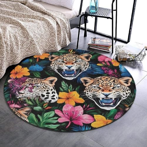 Room Sofa Yoga Soft Round Carpet, Home Decor Non Slip Kitchen Office Circle Rug, Machine Washable Modern Round Area Rug Jungle Florals Cheetah Leopard Print, 60inch