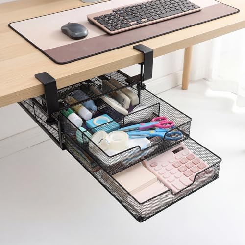 Cedilis Under Desk Drawer Organizer Slide Out, 2-Tier Metal Under Table Storage Drawers Clamp On for Home Office, Black, No Drilling