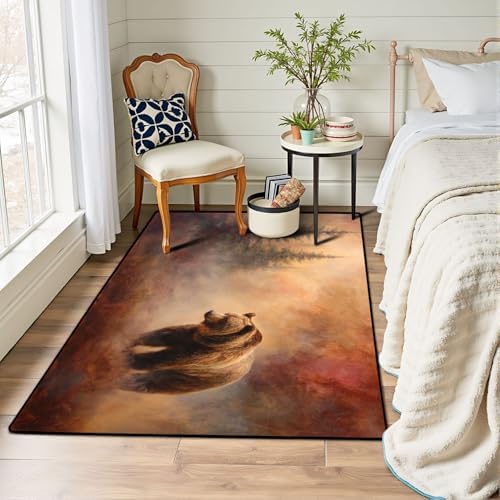 Serene Bear Among Pine Trees Ethereal Misty Landscape Area Rug Outdoor Patio Rug Play Mat Modern Floor Carpet Non-Slip Home Decor Living Room Kids Bedroom Nursery, 3x5 ft