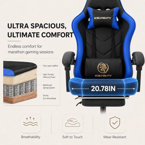 Office Desk Computer Gaming Chair for Adults, Ergonomic High Back Gamer Chair with Massage and Pocket Spring Cushion, Swivel Comfy Video Game Chairs with Footrest and Lumbar Support (Black Blue)