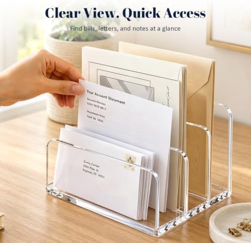 Clear Acrylic Mail Organizer for Desk, 3-Compartment Vertical Letter Sorter and Desktop File Holder for Bills, Envelopes, Documents, Folders, Notebooks, Home Office Countertop