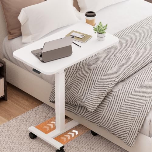 GTPLAYER Small Standing Desk with Wheels, Pneumatic Mobile Rolling Laptop Desk,Adjustable Height Overbed Bedside Table Computer Workstation for Home Office (28" W x 16" D, Ivory White)
