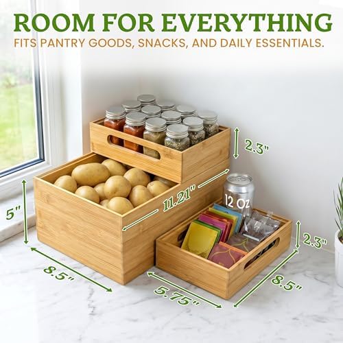 HOMESTEAD 3-Piece Stackable Bamboo Storage Box, Large Storage Bin, Wooden Boxes for Makeup Drawer Organizer Bathroom, Office Supplies, Kitchen Utensils, Bamboo Storage Containers