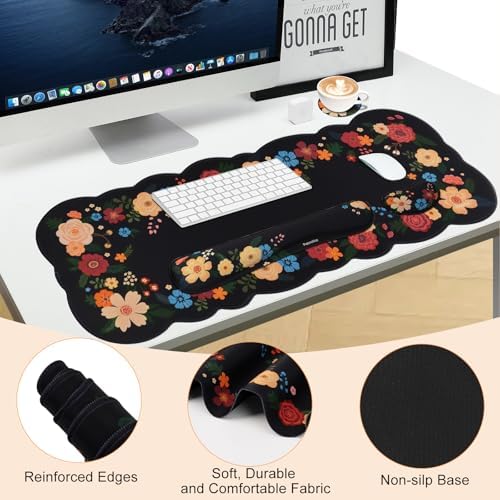Petmolico Desk Pad Set with Wrist Rest for Keyboard & Mouse, Black Floral