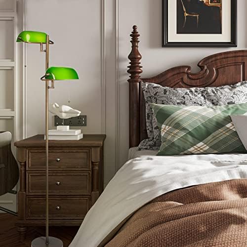 FIRVRE Green Glass Bankers Floor Lamp Classic Vintage Standing Lamp with Pull Chain Switch Adjustable Arm Reading Floor Light for Bedroom Headboard Workplace Office Piano Style Lamp