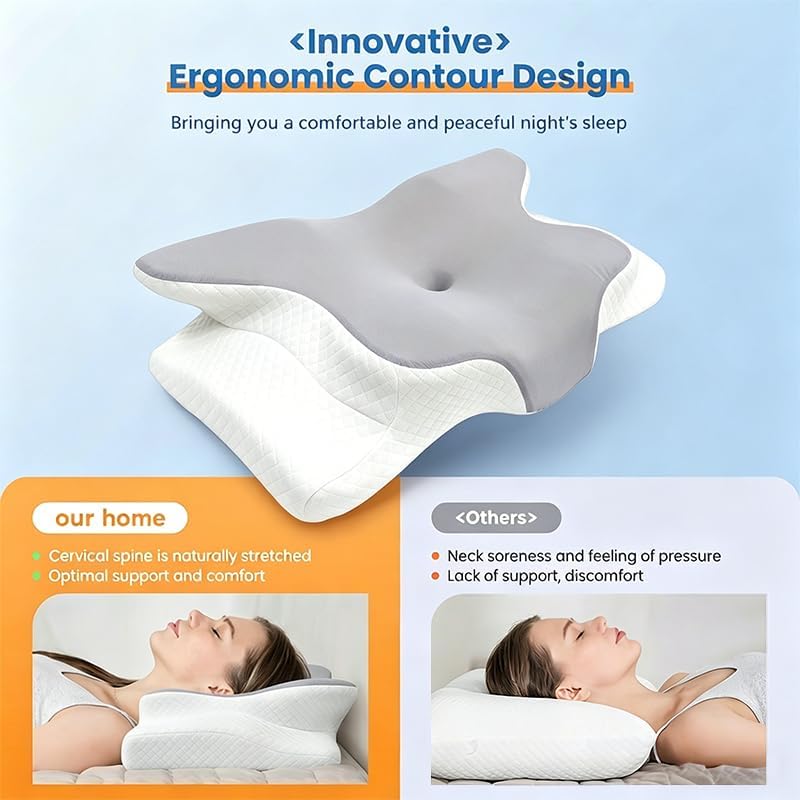 Cooling Neck Support Pillow, Adjustable Cervical Memory Foam for Pain Relief, Odorless Ergonomic Orthopedic Bed Pillows for Side Back Stomach Sleepers, Cozy Sleeping (Grey)