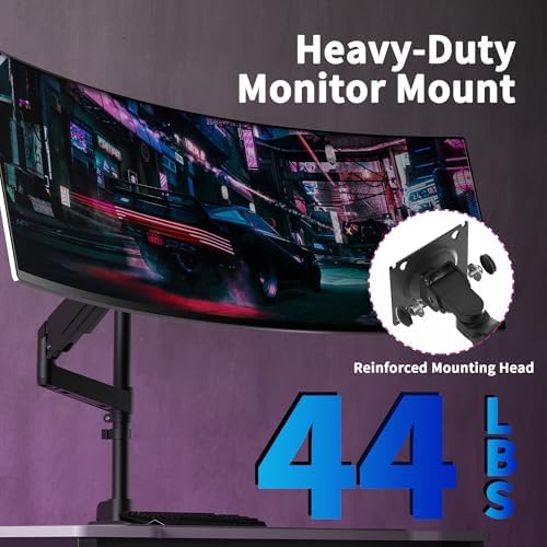 Single Monitor Arm for 17-49 Inch Ultrawide Screens, Single Monitor Mount Heavy Duty up to 44lbs, Adjustable Vertical Stacked Full Motion Single Monitor Arm Desk Mount, 75/100mm VESA Mount, Black