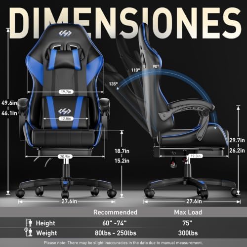 HLDIRECT Gaming Chair with Footrest, Lumbar Support & Headrest, Black&Blue