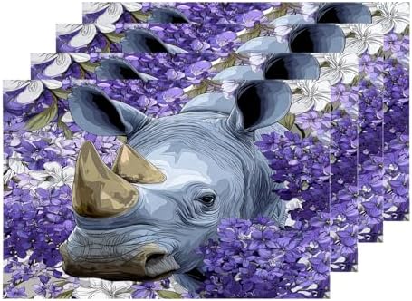 Shrahala Wild Rhinoceros Set of 4 12 X 18 Inch Linen Placemats, in Purple Flowers Burlap Table Mat Washable Double Layered Heat Insulation for Indoor/Outdoor