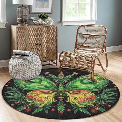 Room Sofa Yoga Soft Round Carpet, Home Decor Non Slip Kitchen Office Circle Rug, Machine Washable Modern Round Area Rug Butterfly Weed Leaf Art, 60inch
