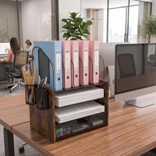 Wood Desk Organizer - 4-Tier Desktop File Organizer with Drawer, Wooden Paper Tray, Vertical File Holders & 2 Pencil Holders - Office Desk Organizer for Papers, Mail, Notebooks, Stationery