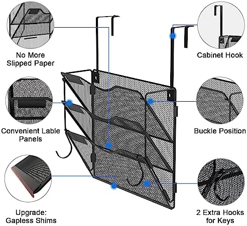 BOHDK Wall File Organizer 3 Pockets, Mail Organizer, Hanging Folder Holder, Foldable | Hanging or Wall Mounted | Label Panel | 2 Hooks | Office Home School Organizer, Black