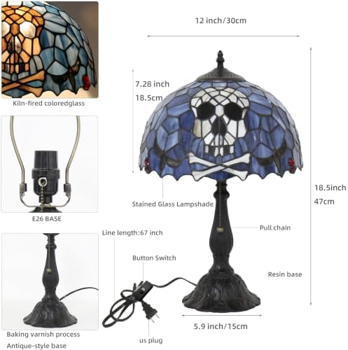 Tiffany Style Stained Glass Skull Lamp, Gothic Pirate Table Lamp, Halloween Home Decor Accent Light (Bulb Not Included, 12x12x19 in)