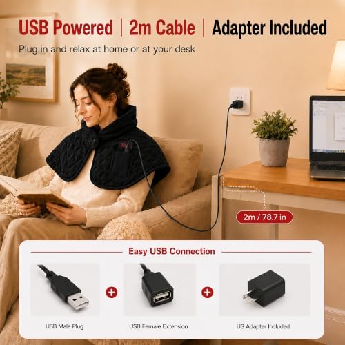 Neck Heating Pad for Neck and Shoulder Pain, 660nm & 850nm LED Shoulder Wrap, Heated Neck Wraps with 3 Heat & 3 Vibration Settings, USB Powered Soft Neck Warmer
