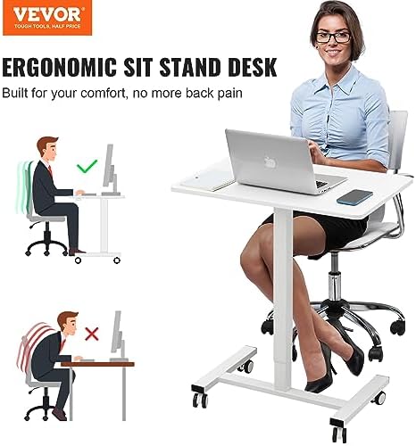VEVOR Mobile Standing Desk, 28"-44" Gas-Spring Height Adjustable Sit-Stand Desk, 4 360° Swivel Wheels (2 Lockable) Portable Rolling Laptop Table Computer Cart for Home Office School, 40LBS Loading