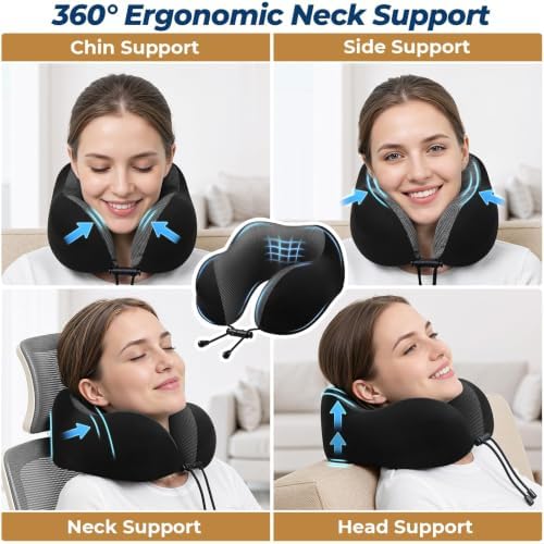 ExploreBliss Travel Pillow, Memory Foam Neck Pillow Airplane, Black