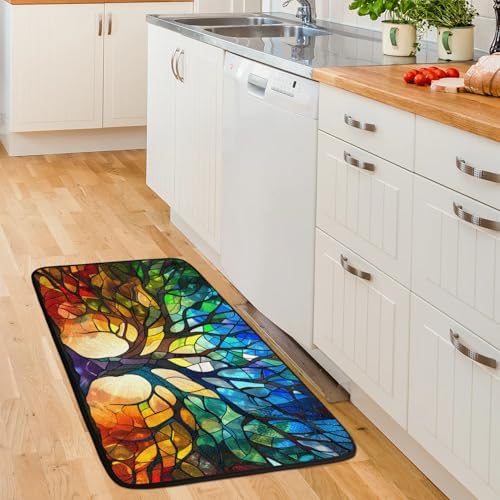 Kitchen Mats, Glass Tree Pattern Kitchen Rugs, Cushioned Anti Fatigue Kitchen Mats, Non-Slip Standing Desk Mat, Absorbent Kitchen Rug for Floor, Kitchen, Office, Sink, 20"×39"