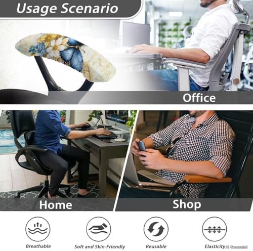 Butterfly Flower Print Chair Arm Rest Covers Set of 2, Non Slip Dust-Proof Office Desk Chair Arm Covers Protectors, Comfy Breathable Computer Chair Slipcover for Desk Chairs Arm