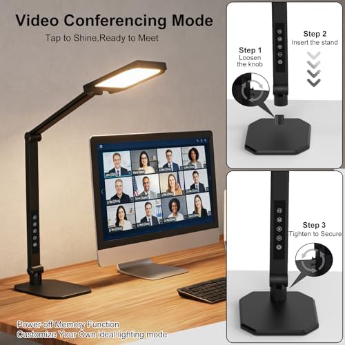 NS LED Desk Lamp for Home Office, Desk Lamp with Webcam Light for Video Calls, Dimmable 3000K-6500K Desk Light with Remote, Timer, Memory, Adjustable Swing Arm, CRI95+
