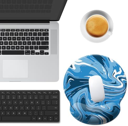 Gaming Mouse Pad Wrist Support,Ergonomic Mouse Pad with Wrist Rest,Comfortable Mousepad with Smooth Wrist Rest,Pain Relief Mouse Pads for Non-Slip Base,Computer,Laptop,Office，Home(Blue-White Fluid)