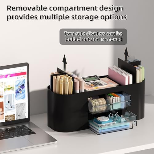 Marbrasse Desk Organizer Pen Holder with 3 Drawers, Multi-Functional Pencil Holder,Desk Organizers and Accessories with 7 Compartments for Home, School, Classroom (Black)