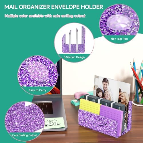 Mail Organizer Envelope Holder - 3 Compartments Glitter Purple Acrylic Mail Holder Countertop Home Office Desk Organizer Small File Sorter Vertical Bill Letter Paper Document Storage Rack