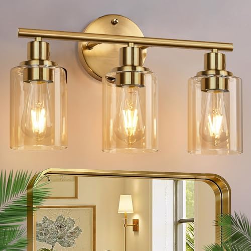 Zarbitta 3-Light Bathroom Light Fixtures, Brushed Gold Vanity Light, Farmhouse Wall Lights with Amber Glass Shades, Bathroom Wall Lamp for Mirror Kitchen Bedroom Hallway Living Room