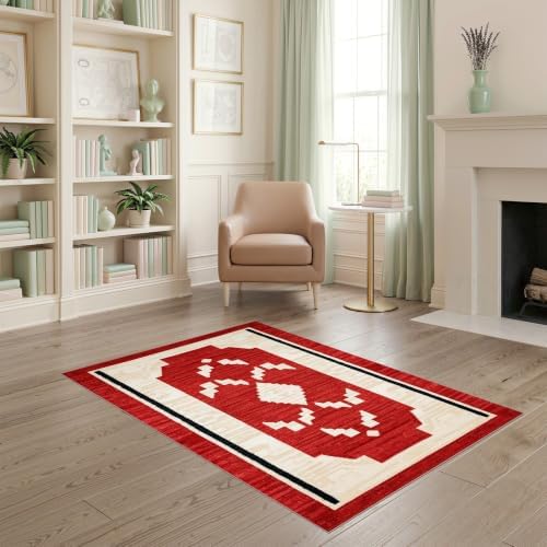 4'x6' Red Ivory Cat Crimson Boho Geometric Ultra-Soft Area Rug
