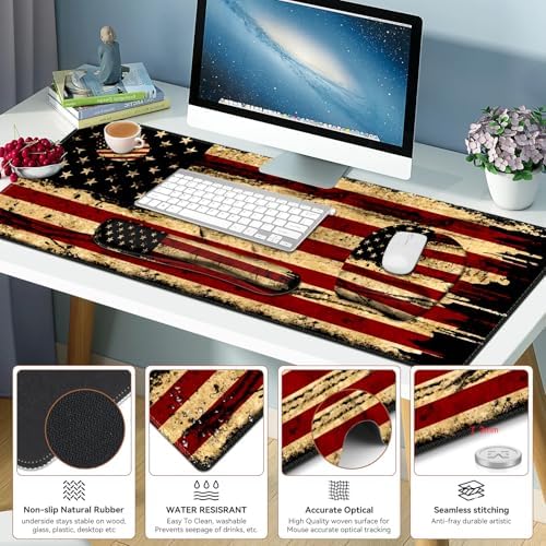 Large Mouse Pad with Wrist Support 4in1 Set, XXL Game Mousepad + Keyboard Wrist Rest+Mouse Wrist Rest+Coaster with Ergonomic Design Gaming Mat for Home Office Table Computer I Retro USA Flag