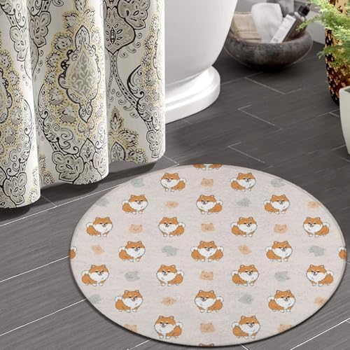 Room Sofa Yoga Soft Round Carpet, Home Decor Non Slip Kitchen Office Circle Rug, Machine Washable Modern Round Area Rug Cute Pomeranian Dog