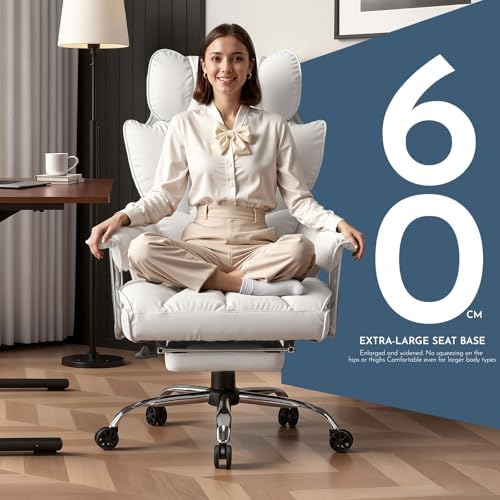 Efomao Big and Tall Office Chair 400lbs, Executive PU Leather Desk Chair with Footrest & Lumbar Support, Heavy Duty Computer Seating for Home, White