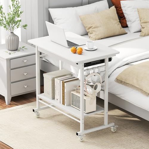 Rolling Desk with Keyboard Tray, Small Computer Desk with Wheels (White)