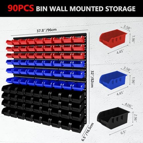 90Pcs Plastic Wall Mounted Storage Bins Parts Rack Nuts And Bolt Bins Organizer For Shop Garage for Screws, Nuts, Bolts, Nails, Beads, and Small Hardware Parts,Red,Blue,Black