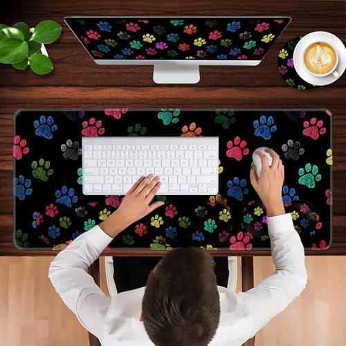 Keyboard Wrist Rest and Mouse Pad with Wrist Support Set Ergonomic Coaster,Memory Foam,Easy Typing Pain Relief,Large XL Desk Mat 31.5"x 11.8",Colorful Paw Prints