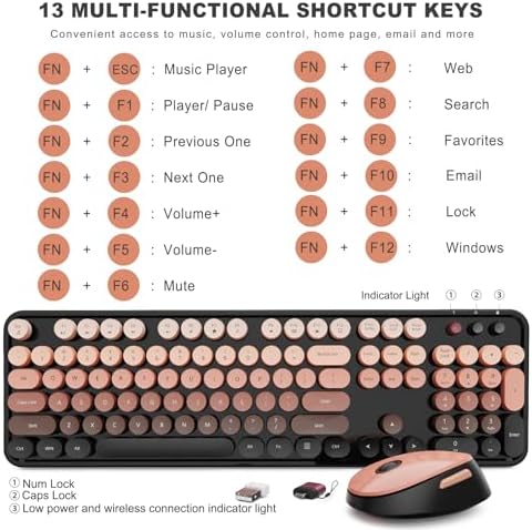 SkyGive Wireless Keyboard and Mouse Combo, Ergonomic Full Size Typewriter Retro Round Keycaps Keyboard, Compatible with Windows, PC, Perfect for Home and Office Keyboards (Aurora Red)