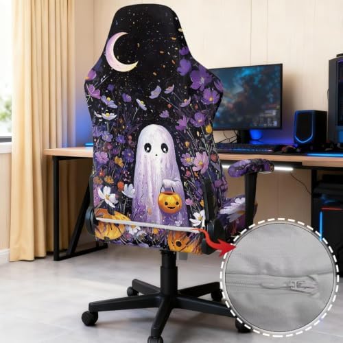 Purple Gaming Chair Cover Stretchable Game Chair Slipcovers with 2 Armrest Covers Halloween Cute Ghost Gamer Desk Chair Covers for Computer Office Seat