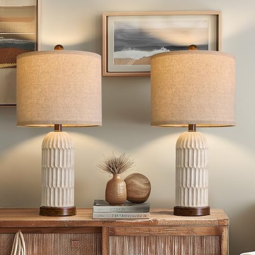 OYEARS 22" Bedside Table Lamps Set of 2, Farmhouse Lamp with USB A+C,Brown