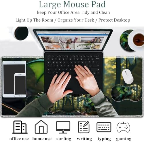 4 in 1 Mouse Pad Combo, Large Gaming Mouse Pad + Keyboard Wrist Support + Mouse Wrist Rest + Coaster, Table Pad 31.5 "x 11.8" with Memory Foam Ergonomic Wrist Pad Set, Forest Green Dragon
