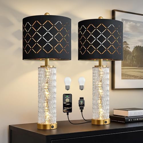 Oneach 27.75" Gold Black Table Lamps Set of 2 with Nightlight for Bedside