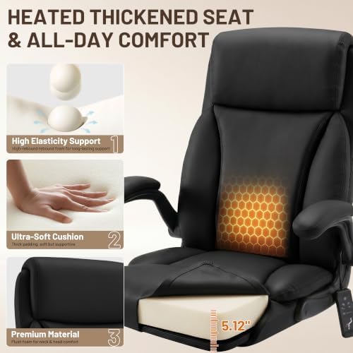 Heated Office Chair, Reclining Desk Chair with Constant Warm Heat, Big and Tall Executive PU Leather Chairs for Heavy People, Ergonomic Wider & Thicker Seat Cushion Gaming Chairs (Black)