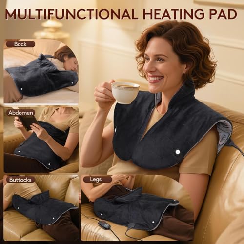 Far Infrared Heating Pad for Neck and Shoulders and Back - 6X Deeper Pain Relief, Graphene 30s Fast Heat, 8 Heat Setting, 16 Timer, Automatic Memory, Weighted Heating Pads Gift for Women&Men (Black)