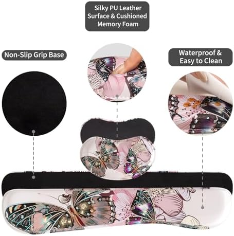 QiyI PU Leather Desk Mat Set, 4-in-1 Ergonomic Wrist Rest, Butterflies